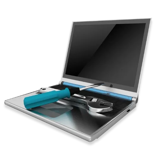 A laptop with a screwdriver and wrench on the keyboard