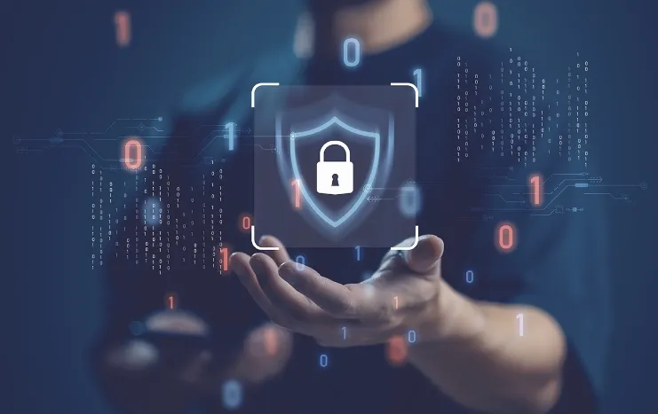 A secure digital shield with a lock icon representing Trinergy's advanced cybersecurity solutions