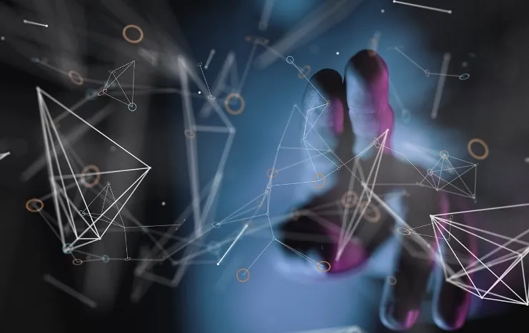 Hand reaching into a futuristic virtual interface