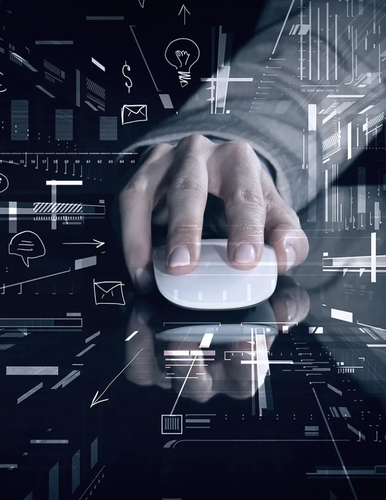 A close-up of a hand using a mouse surrounded by digital innovation icons