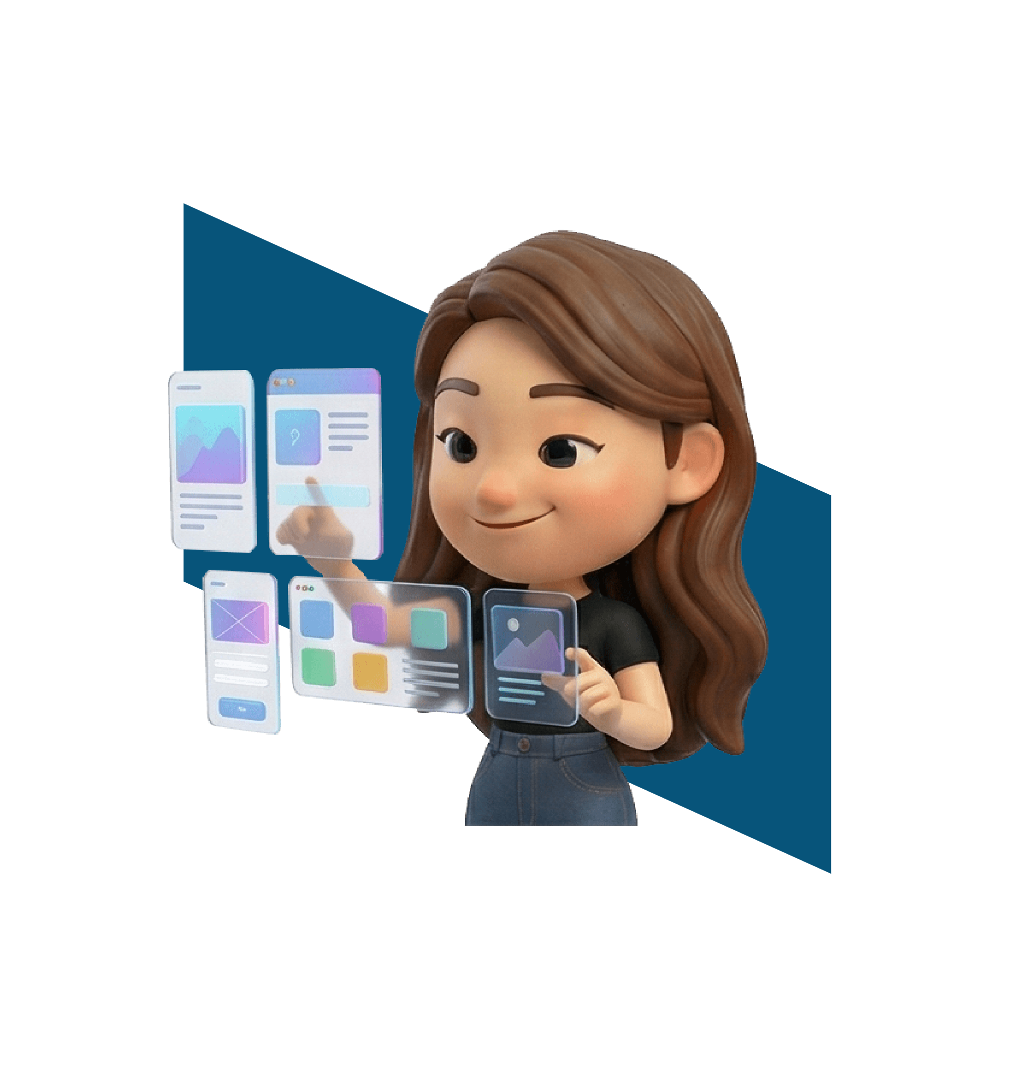 Trinergy's creative team crafts captivating visuals and engaging UI/UX designs, offering services like web, mobile, and immersive design, illustrated by a dynamic abstract architecture representing innovation.