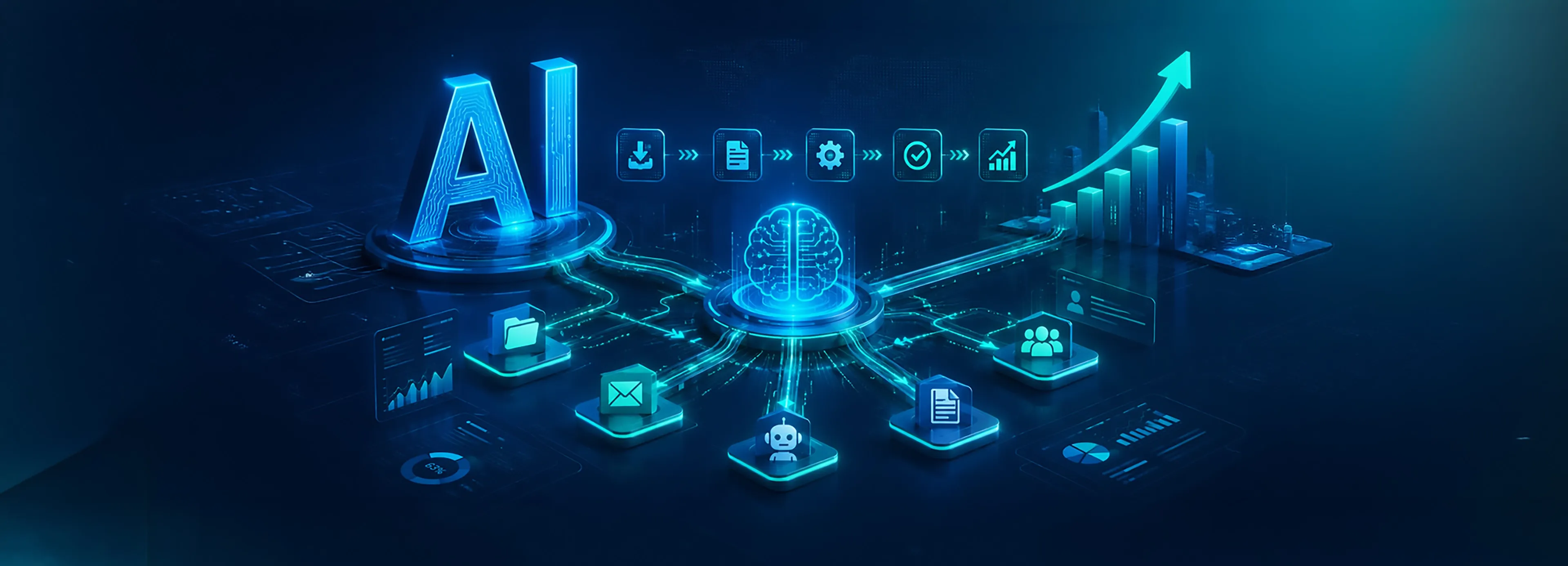 AI workflow automation concept showing digital systems connecting business processes and improving efficiency