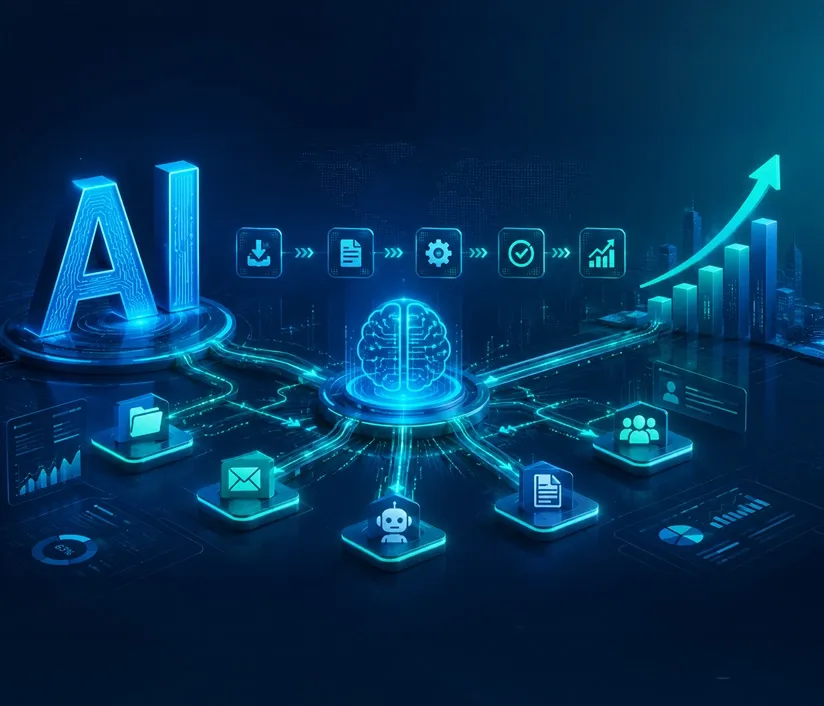 AI workflow automation concept showing digital systems connecting business processes and improving efficiency