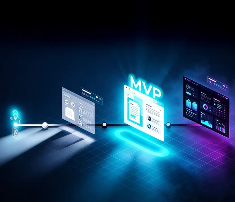 Overview of MVP development showing startups launching simple products, validating ideas, and improving through user feedback