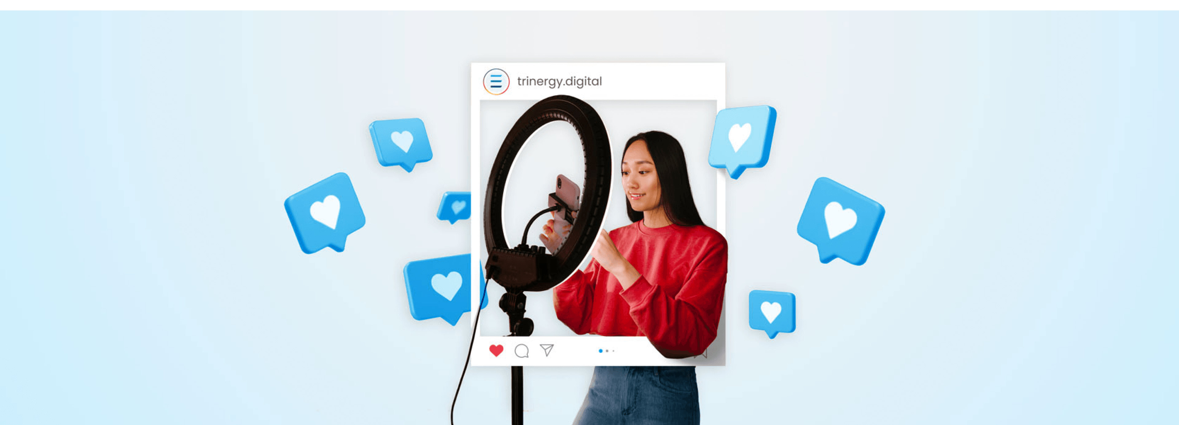Woman creating social media content with a smartphone and ring light, illustrating social media campaign production by Trinergy.