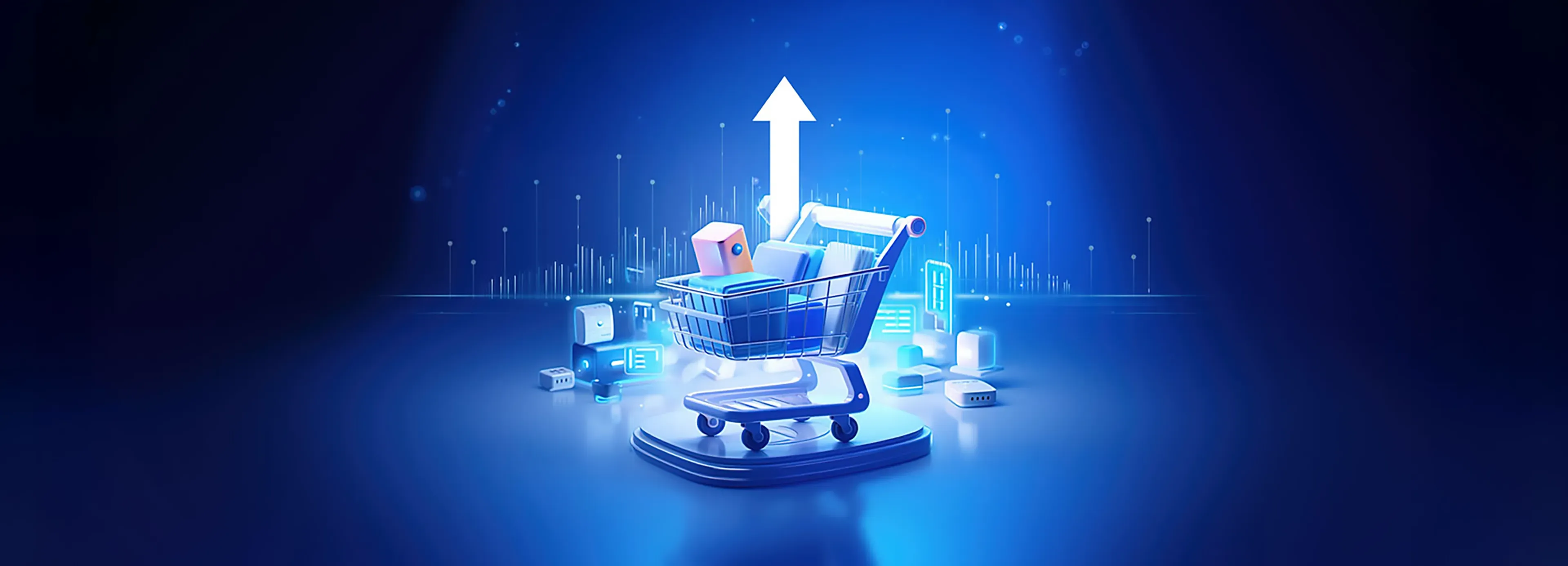 Illustration showing key e-commerce features like user-friendly design, secure checkout, product management, and marketing tools that boost online sales.