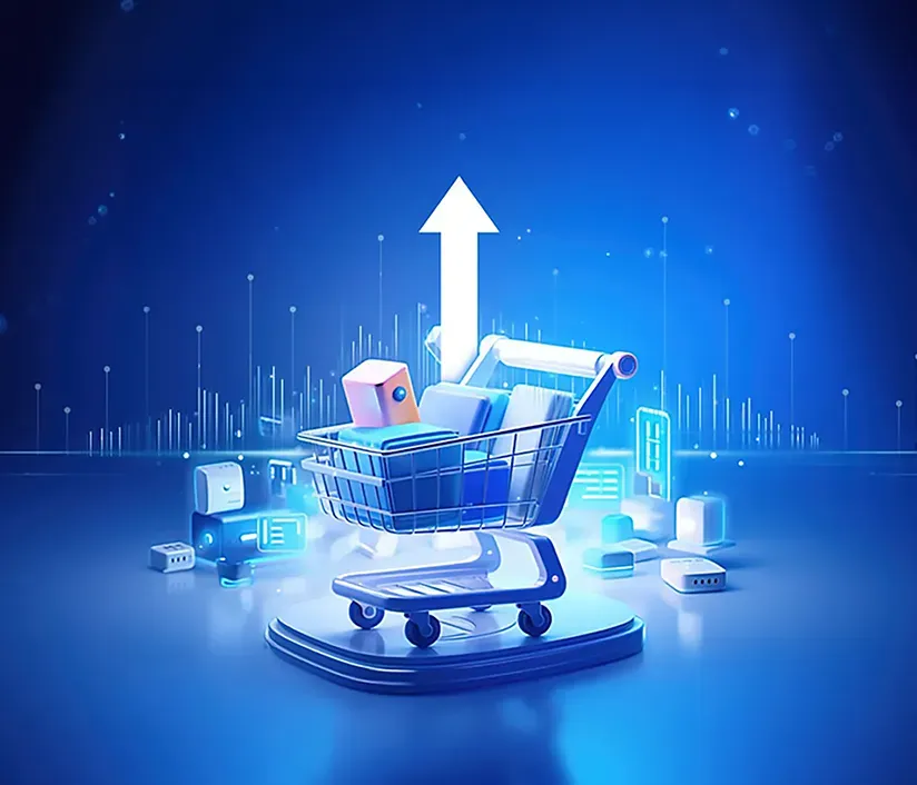 Illustration showing key e-commerce features like user-friendly design, secure checkout, product management, and marketing tools that boost online sales.