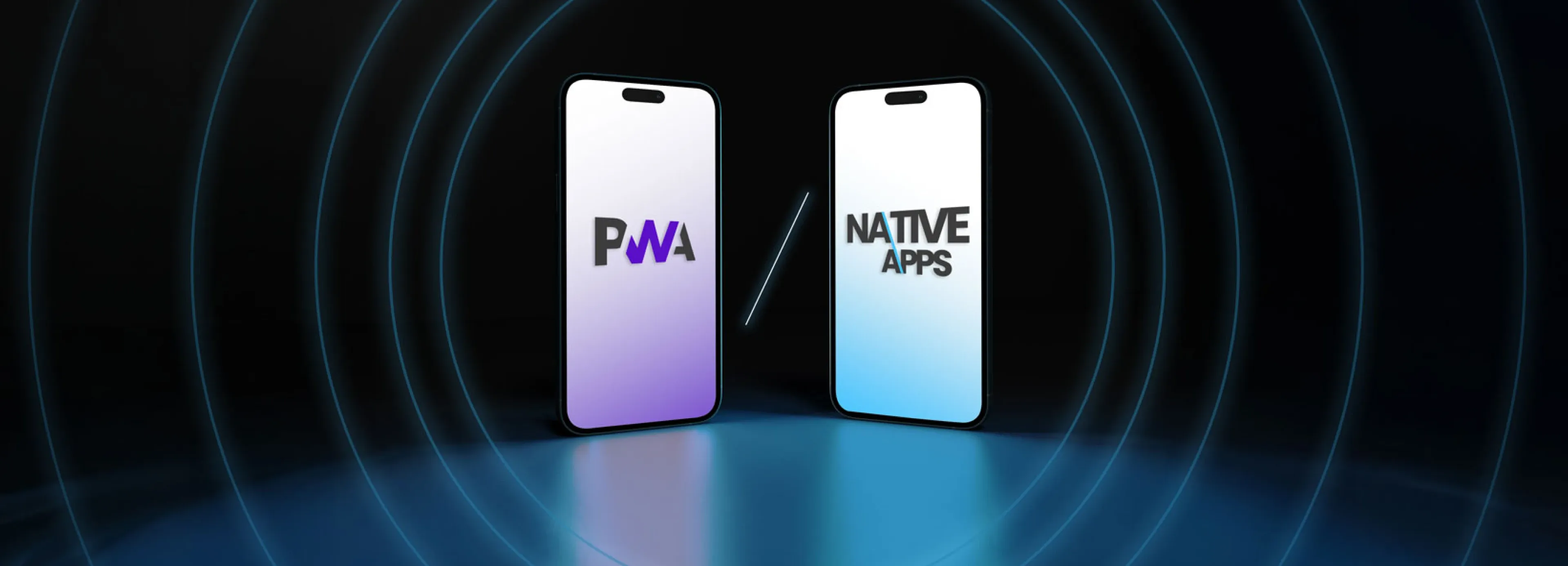 Side-by-side smartphones displaying "PWA" and "Native Apps", illustrating mobile app development options by Trinergy.