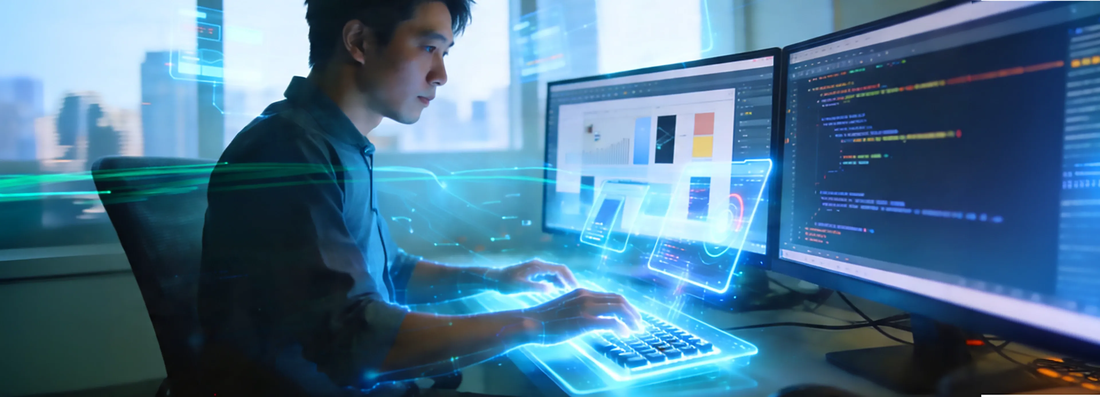 Illustration of frontend and backend collaboration in web and software development, showing user interfaces, server-side logic, APIs, and key technologies like Angular, Java, and Node.js.