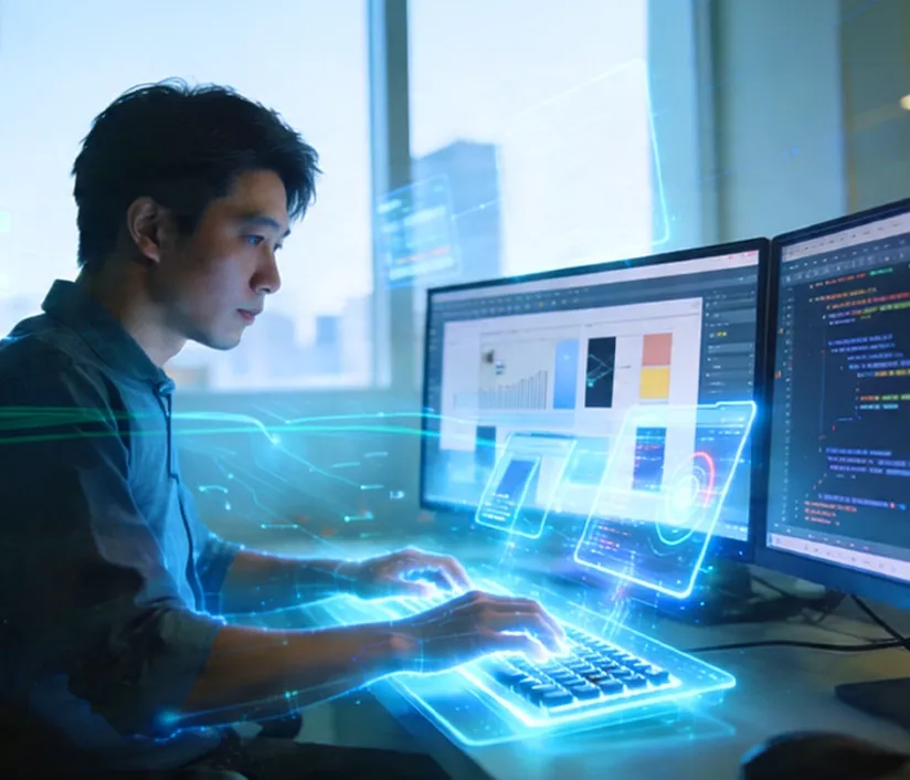 Illustration of frontend and backend collaboration in web and software development, showing user interfaces, server-side logic, APIs, and key technologies like Angular, Java, and Node.js.
