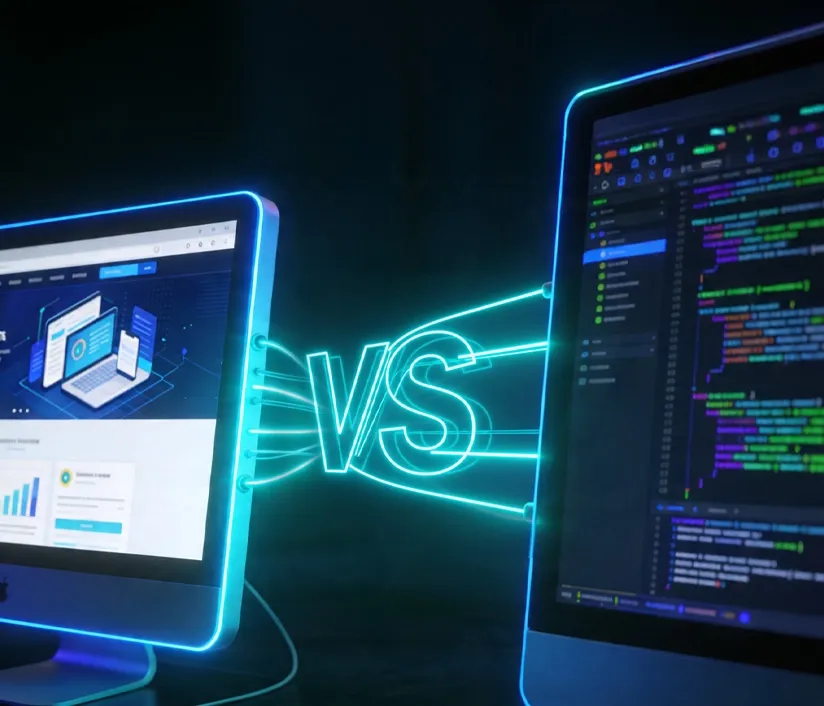 Illustration of frontend and backend development showing user interface design, server processes, and key technologies for web and app development.
